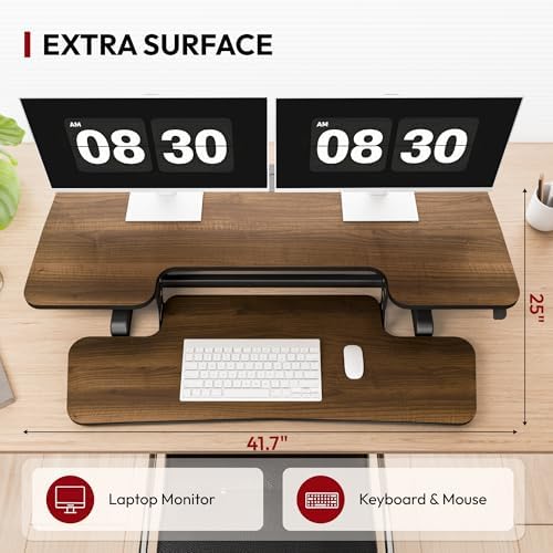 SANODESK 42" Standing Desk Converter, Large Sit-Stand Riser for Dual Monitors & Laptop, Stable Multi-Device Workstation with Keyboard Tray, Home Office Desktop Converter, Walnut - Image 6