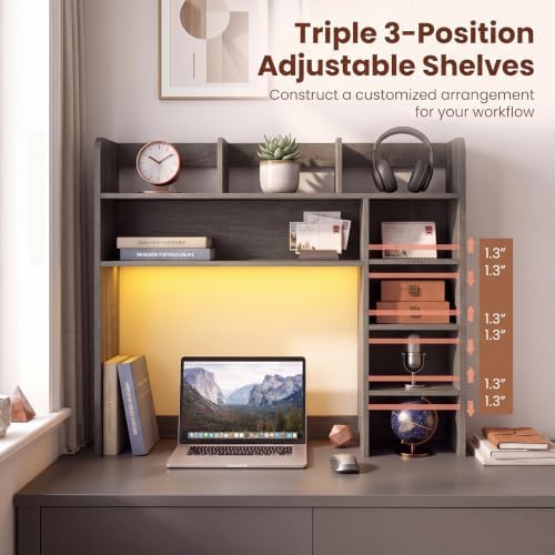 LDAILY Desktop Bookshelf with LED Lights, 35.5’’ Wooden Desk Shelf with 8 Cubes & 3 Adjustable Storage Shelves, 5-Tier Desk Hutch for Dorm College Office Computer Monitor Up to 25’’(Grey Oak) - Image 4