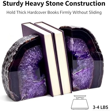 Purple Agate Bookends Set of 2, Heavy Duty Geode Stone Book Ends for Office and Bookshelf, Includes Anti-Slip Rubber Bumpers, Unique Decorative Gift for Home, 3-4 lbs - Image 3