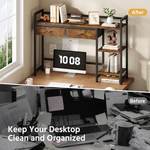 Desk Shelf with 2 Drawers, 38.5" Desk Hutch for Computer Monitor, 3 Tier Desk Display Rack, Desktop Bookshelf Storage Rack for Home Office Dorm - Image 6
