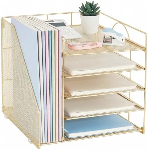 LEKETREE Desk Organizers and Accessories, 5-Tier Paper Letter Tray Organizer with File Holder, Desktop Organizer for Office Supplies (Gold) by Stylishworkspaceeffortlessorganization