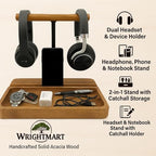 Dual Headphone Stand, Acacia Wood Holder for 2 Headsets, Phone & Tablet - Image 4