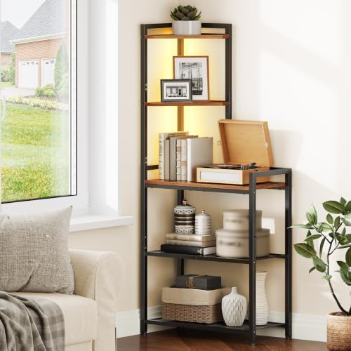 HOOBRO 5-Tier Corner Shelf Stand, Corner Shelf with LED Light, 56.3" Tall Corner Bookshelf, Display Rack Storage Organizer with Table, for Small Spaces, Living Room, Entryway, Rustic Brown BF69DCJ01 - Image 2