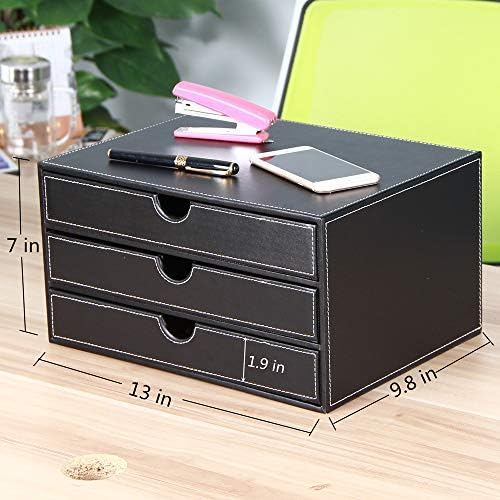 High-end PU Leather Desk Organizer File Cabinet Executive Office Supplies Desktop Filing A4 File Cabinet Stackable Storage Organizer Box with 3 Drawers (Black)… - Image 2