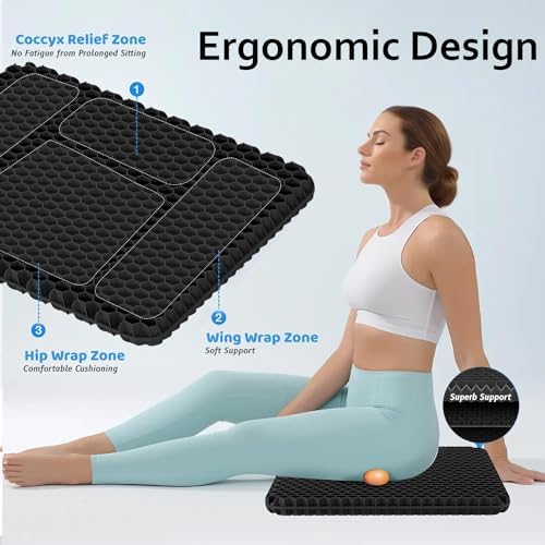 Gel Seat Cushion, Jumbo&Thick Gel Cushion with Non-Slip Cover for Home Office Car Seat Wheelchair, Soft Breathable Honeycomb Chair Pads for Relieve Hip Pain, Black 20x20x1.9inch - Image 4