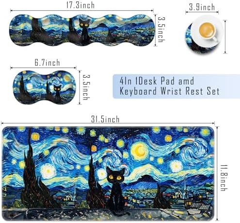 TGFEWYTJYJ Extended Gaming Mouse Pad,Memory Foam Ergonomic Keyboard Mouse Wrist Rest Support Set,Large Desk Mat with Stitched Edges,Non-Slip Base Mousepad Home Office,Starry Night Cat - Image 2