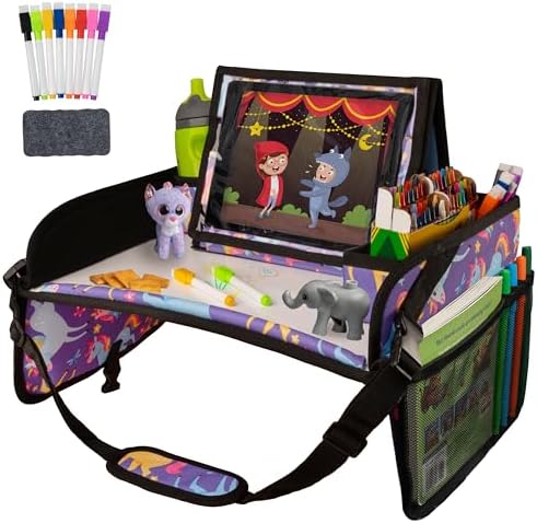 Lusso Gear Kids Travel Tray for Car - Road Trip Essentials for Kids - Car Seat Tray for Toddlers & Kids - for Airplane, Kids Travel Desk, Road Trip Activities (Purple Unicorns) by LussoGear