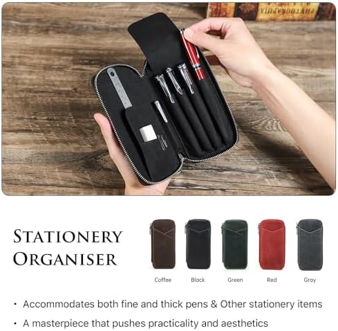 CONTACTS Full Grain Leather Pencil Case Handmade Vintage Zipper Pen Holder Pouch with Card Slot Pens Organizer Pockets Stationery Bag for Men and Women (Black) - Image 2