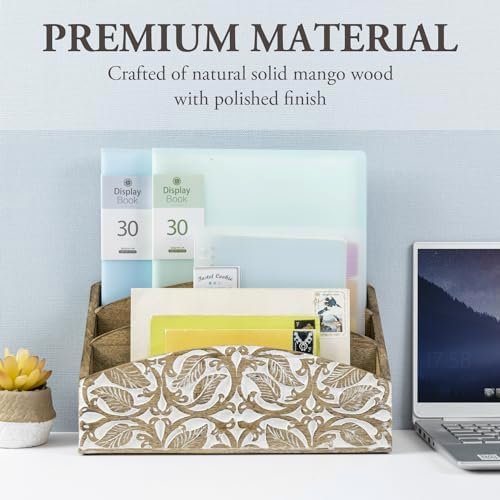 MyGift 3 Tier Rustic Solid Mango Wood Desk Mail Holder and Stationery Sorter with Hand Carved Leaf Pattern, Decorative Office Desktop Document Storage Organizer - Handcrafted in India - Image 3