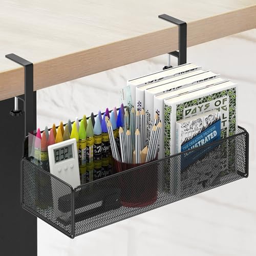 Office Under Desk Organizer Storage, Metal 3-IN-1 Clamp On Desk Side and Desktop File Document Magazine Organization Wall Hanging Bin Holder Office Supplies For Home School Essentials by Unknown