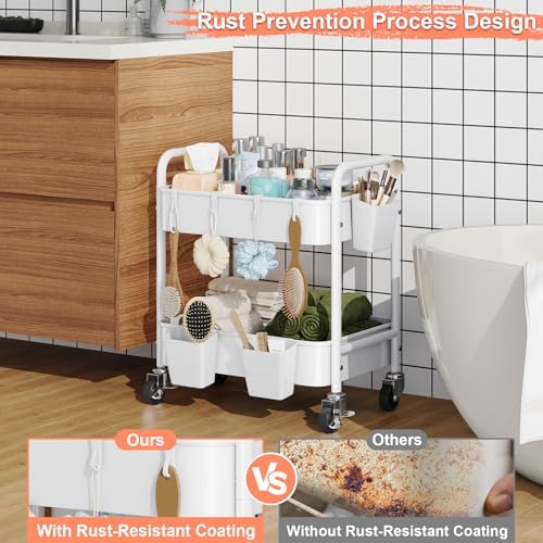 2 Tier Small Rolling Cart Metal with Wheels, White Under Desk Storage Carts - Image 3