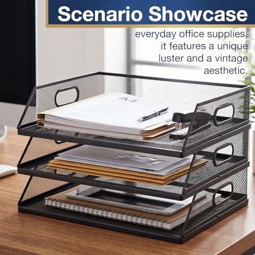 3 Pcs Stackable Letter Tray Metal Paper Tray Desk Organizer, Black - Image 5