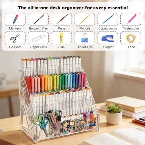2 Pack Acrylic Desk Organizer, 4 Tier 20 Compartments Vertical Storage for Pens Art Supplies Home Classroom Back to School Office School Office Desk Desktop Stationery Pencil Storage - Image 5
