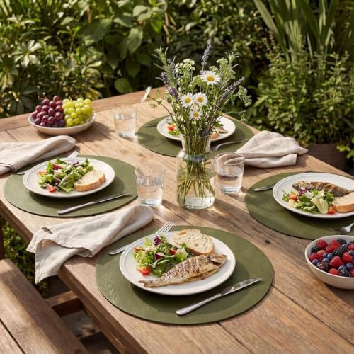 Artoid Mode Olive Green Faux Leather Placemats Set of 8, 15 Inch Waterproof Wipeable Heat Resistant Vinyl Place Mats, Reversible Table Mats for Kitchen Dining Decor - Image 3