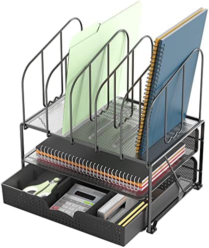 Deco Brothers Mesh Desk Organizer with Double Tray, 5 Upright Sections and Sliding Drawer, Black - Image 4