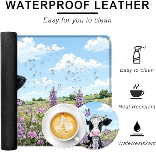 Large Keyboard Mouse Pad Set, Extended Mouse Pad+Keyboard Wrist Rest Support, Memory Foam Ergonomic Easy Typing, 4Pcs (31.5×11.8 in) Desk Pad Set for Office Home,Butterfly Cow in Flower Field - Image 2