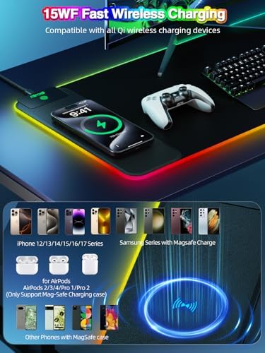 Wireless Charging Mouse Pad, 31.5"x11.81" XL Gaming Mousepad with 11 RGB Colors & 5 Lighting Modes, Home Office Large Desk Pad, Ultra-Smooth Surface, Non-Slip, Waterproof Keyboard Pad Black Desk Mat - Image 4