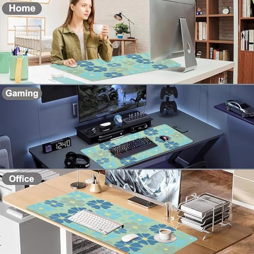 Retro Blue Floral Office Desk Mat 31.5" x 15.7" Desktop Mat PU Leather Large Mouse Pad White Mousepad Non-Slip Table Mat for Girls, Women, Home, Work, Computer, and Gaming - Image 6