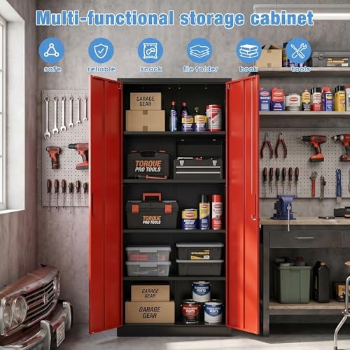 SUXXAN 71-Inch Metal Storage Cabinet with Locking Doors,Black-Red - Image 6