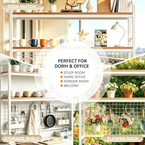 Desktop Bookshelf with Pegboard, 2-Tier Desk Hutch Storage Organizer Rack, Metal Frame & Wood Board, for 27-inch Monitor, Home Office & Dorm，White,45.3" W - Image 6