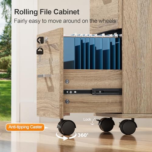 VINGLI 3-Drawer File Cabinet with Lock, Wood Rolling Filing Cabinets for Home Office, Mobile Printer Stand, Under Desk File Organizer for Letter Sized Files, 26" H(Caster Included), Oak - Image 5