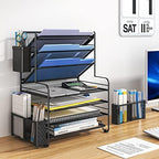 Simple Trending 7 Tier Desk File Organizer, Letter Tray Paper Organizer with Pen Holder and Metal Hanging Basket, Black - Image 2