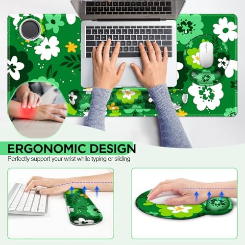 AIMSA Keyboard Mouse Pad Wrist Rest Set, Large Gaming Mouse Desk Pad with Wrist Support Ergonomic Design, 4 in 1 Mousepad for Home Office, Green Flowers - Image 2
