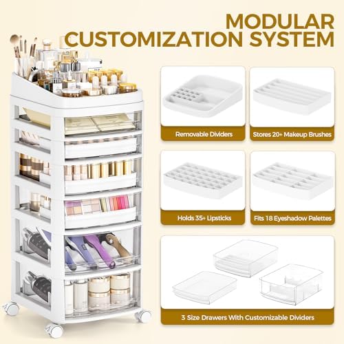 Rolling Cart with 6 Drawers, Clear Plastic Drawer Organizers, Vanity Cart - Image 5