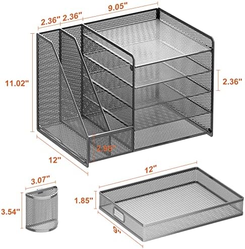 Marbrasse 5-Tier Paper Letter Tray Organizer with Drawer and Pen Holder, Mesh Desktop Organizer and Storage with Magazine Holder for Office Supplies (Grey) - Image 6