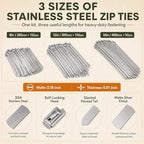 350Pcs Metal Zip Ties Gun Kit, Silver 8/12/16in Stainless Steel Zip Ties, Heavy Duty Cable Tie Fastening Cutting Tool Set with Organizer, Gloves, Storage Bag for Fence, Exhaust Wrap - Image 2