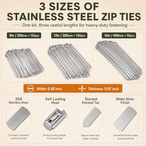 350Pcs Metal Zip Ties Gun Kit, Silver 8/12/16in Stainless Steel Zip Ties, Heavy Duty Cable Tie Fastening Cutting Tool Set with Organizer, Gloves, Storage Bag for Fence, Exhaust Wrap - Image 2