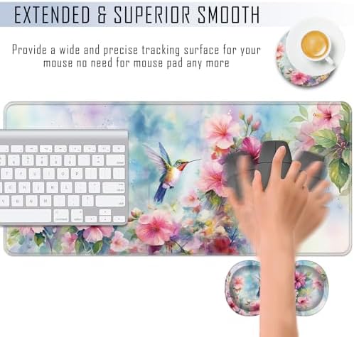 TGFEWYTJYJ Extended Gaming Mouse Pad,Memory Foam Ergonomic Keyboard Mouse Wrist Rest Support Set,Large Desk Mat with Stitched Edges,Non-Slip Base Mousepad Home Office,Flower Hummingbird - Image 4