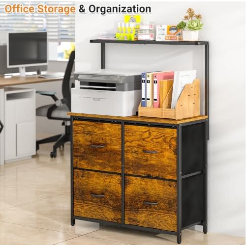 ThreeHio File Cabinet with 4 Fabric Drawers, Lateral Filing Cabinets for Home Office, Large Printer Stand with Storage Shelf, Office Storage File Organizer Hanging Letter/A4 Size Folders, Rustic Brown - Image 3