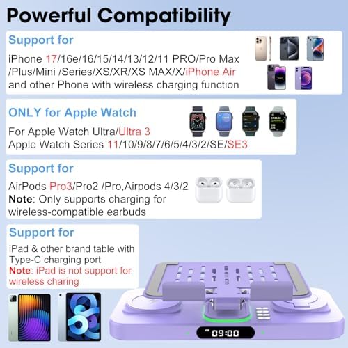 6 in 1 Wireless Charger for Apple Multiple Devices, Charging Station with Clock &7 Color Ambient Light, Foldable Rotate Stand for iPad, for iPhone17/16/15, Support for Apple Watch11/10 for AirPods4 - Image 4