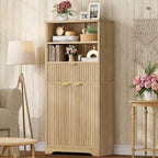 TEENFON Tall Storage Cabinet with Adjustable Shelf & Drawer, Fluted Cabinet with Doors, Kitchen Pantry Cabinets, Bathroom Storage Cabinets, for Living Room, Entryway, Home Office, Natural - Image 2