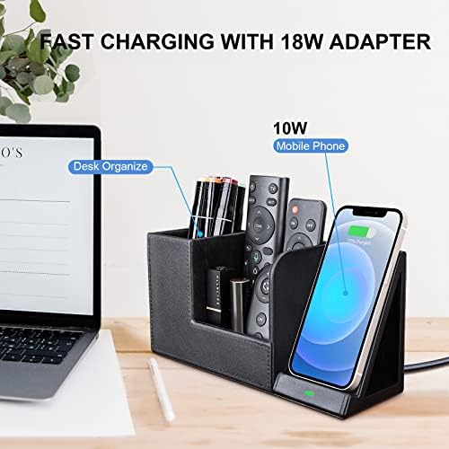 Wireless Charger with Desk Organizer, Wireless Charging Station for iPhone 13/13 Pro Max/13 Pro/12 Series/11/XS Max/XR/X/8Plus/SE 2, Wireless Charging Stand with Leather… (Black L) - Image 2