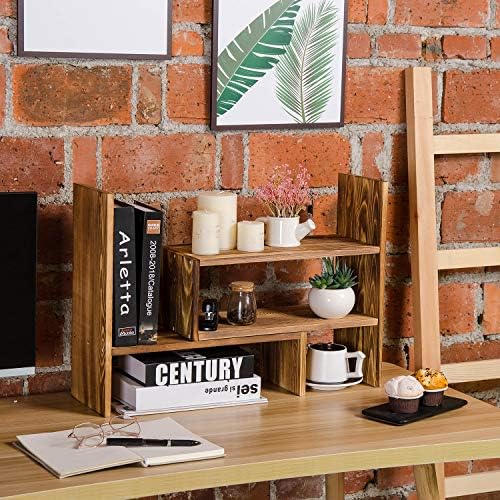 Adjustable Extendable Natural Wood Desktop Organizer Caddy Desk Organizer Countertop Shelf Bookcase Display Stand Rack Expandable Storage Office Home (Dark Brown) - Image 2