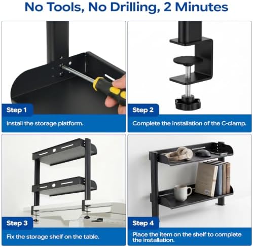 2-Tier Carbon Steel Clamp-On No Drill Desk Storage Organizer Shelf - Image 4