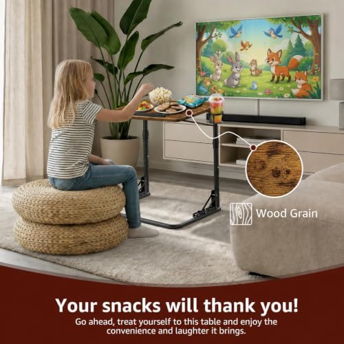 Folding TV Tray Table - Adjustable Height Sofa Rustic Side Table, Wooden Portable Trays for Eating On Couch, Laptop Stand with Cup Holder, C Shaped Foldable Desk - Image 3