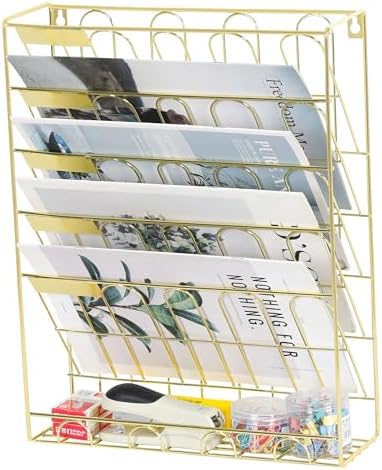 TQVAI Wall File Organizer, 5 Tier Hanging File Organizer with Bottom Tray, No Assembly Required Metal Wall Mount File Holder for Office Home Classroom, Gold by TQVAI