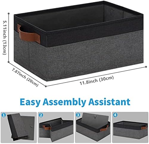 GhvyenntteS Small Fabric Storage Bins 12 Pack, 11.8" x 7.87" x 5.11" Storage Basket with Leather Handles, Closet Storage Bins for Shelves, Storage Baskets for Shelves, DVD Storage (Grey/Black) - Image 3