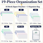 19pcs Mesh Zipper Pouches with Organizer Bag, 5 Sizes Zipper Bags - Image 2