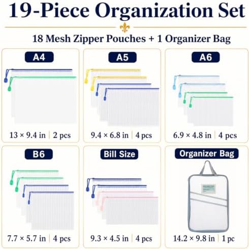 19pcs Mesh Zipper Pouches with Organizer Bag, 5 Sizes Zipper Bags - Image 2