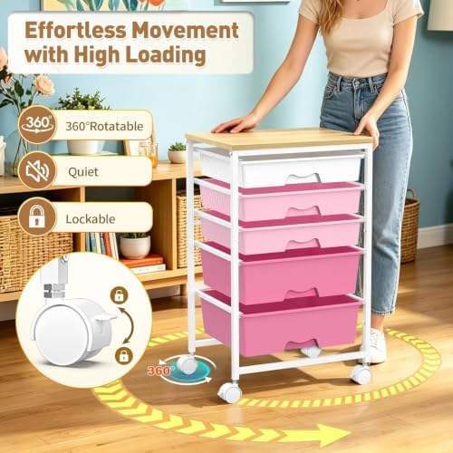 SUNALLY Rolling Carts with 5 Drawers, Storage Drawer Carts for Craft, Pink - Image 6