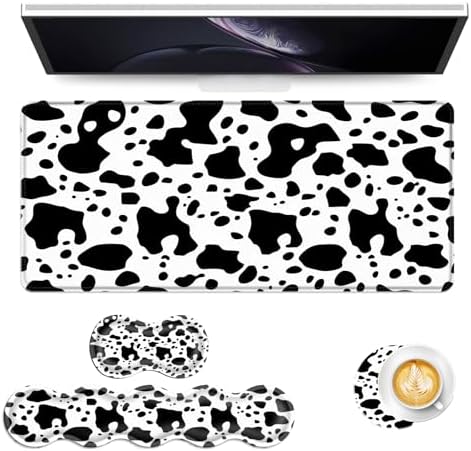 Keyboard Mouse Pad Set, Extended Gaming Mouse Pad+Ergonomics Keyboard Wrist Rest Support, Memory Foam, Easy Typing Pain Relief, 4Pcs XL Ultra Thick Desk Mat,Cute Cow Pattern by Vobber