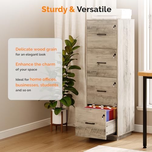 VINGLI 4 Drawer File Cabinet with Lock, Home Office Filing Organizer, for Letter Size File Folder Storage, Wood Tall Vertical Filing Cabinet, Printer Stand, Archivador (Rustic Gray) - Image 7