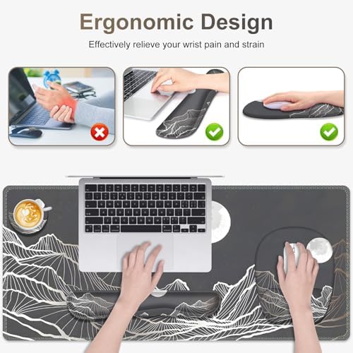 Large Mouse Pad, Keyboard Wrist Rest Set, Ergonomic Mouse Pad with Wrist Support, Desk Mat with Stitched Edges + Coaster, Extended Desk Pad Waterproof Desk Mat for Home Office Game I Moon and Valley - Image 3