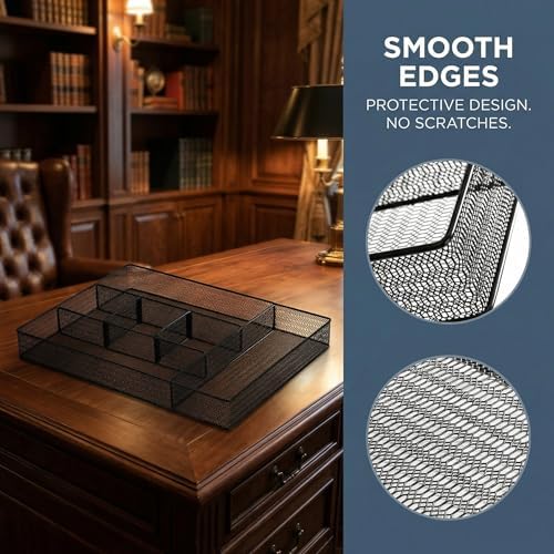 Hiceeden 2 Pack Mesh Desk Drawer Organizer, 16.1"x12.2"x2" Large Desk Organizer Tray with 2 Removable Dividers, 6 Compartment Metal Organizers for Home, Office, Makeup & Vanity - Image 5