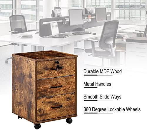 OFCASA 3 Drawer File Cabinet with Lock, Small Rolling Filing Cabinets for Home Office, Wood Under Desk File Cabinet with Wheels, Mobile Storage Organizer, Printer Stand for Letter/Legal, Rustic Brown - Image 3