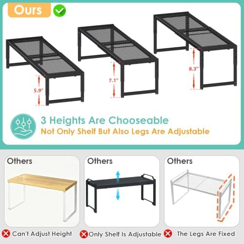 2 Pack Expandable Kitchen Cabinet Shelf Organizer, 15.5"-25.5" Long Adjustable Storage Shelves Organizers for Kitchen Countertop Pantry Cupboard Table Desk Counter, Stackable, 30LBS Load Capacity - Image 3